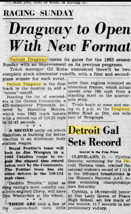 Detroit Dragway - GIL KOHN ANNOUNCES NEW FORMAT MARCH 31 1963
